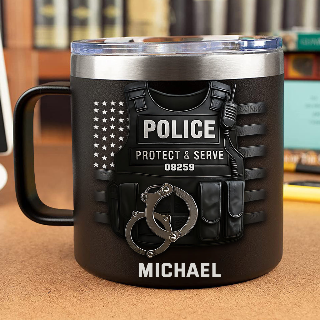 Schützen und Dienen – Personalisierter, isolierter Kaffeebecher für Polizeibeamte