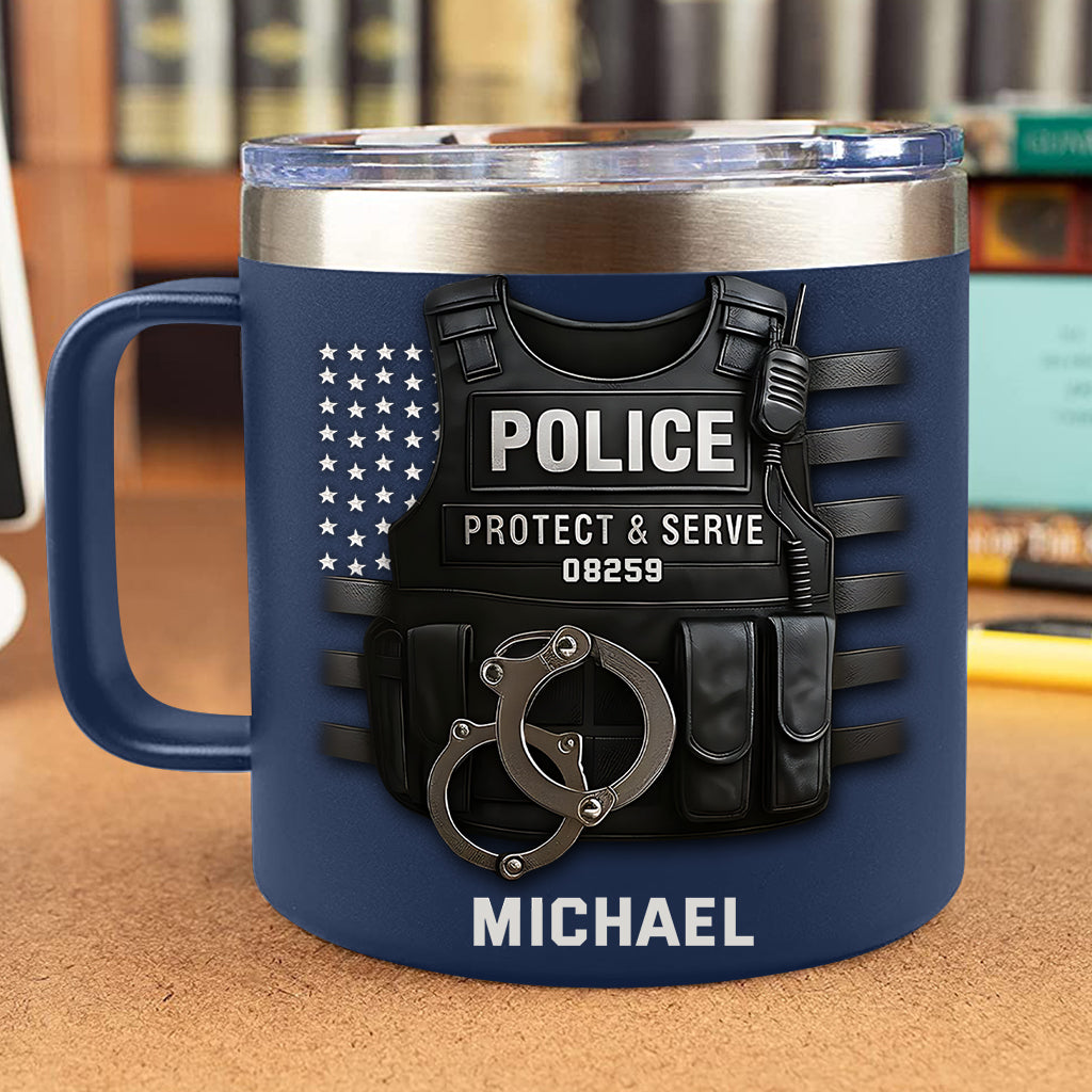 Schützen und Dienen – Personalisierter, isolierter Kaffeebecher für Polizeibeamte