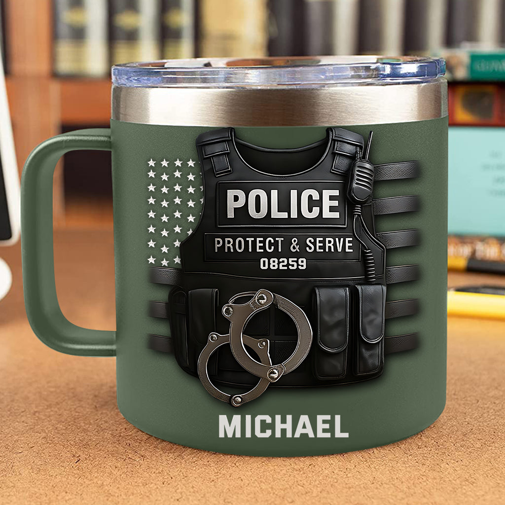 Schützen und Dienen – Personalisierter, isolierter Kaffeebecher für Polizeibeamte