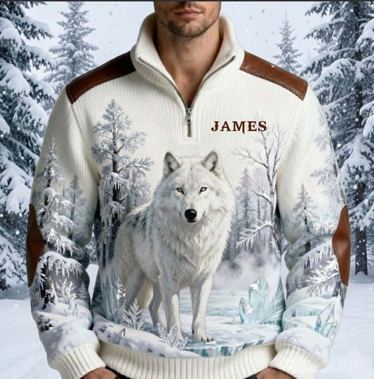 Winter Wolf - Personalized Wolf Men Zip-Up Sweatshirt