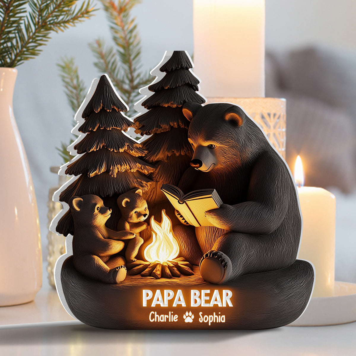 Papa Bär im Wald - Personalisierte Leuchtbox in Vaterform