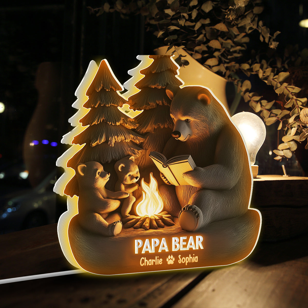 Papa Bär im Wald - Personalisierte Leuchtbox in Vaterform