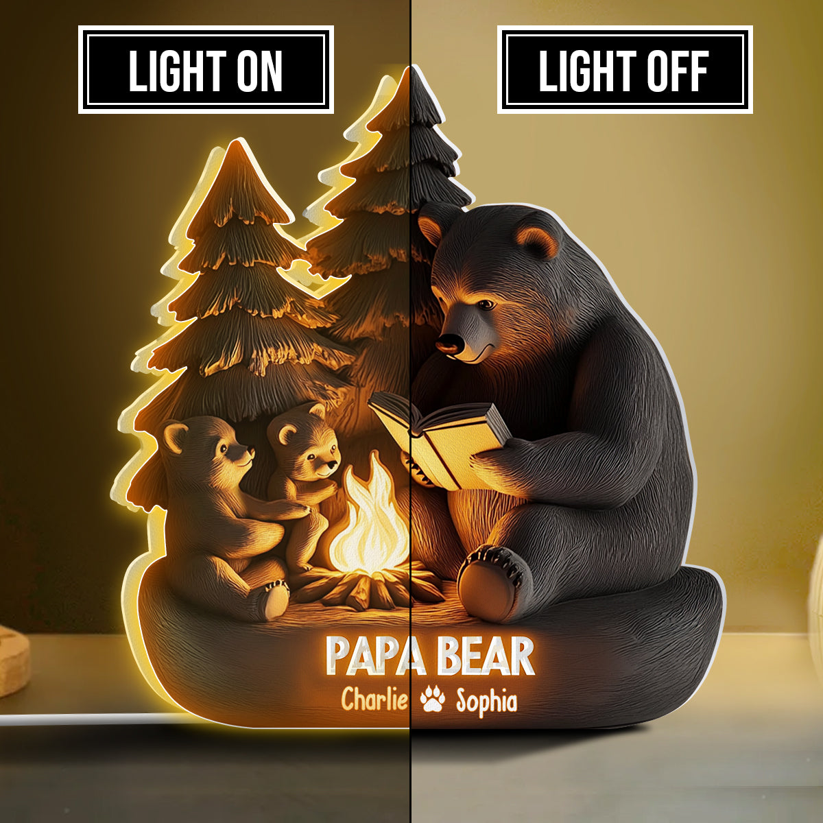 Papa Bär im Wald - Personalisierte Leuchtbox in Vaterform