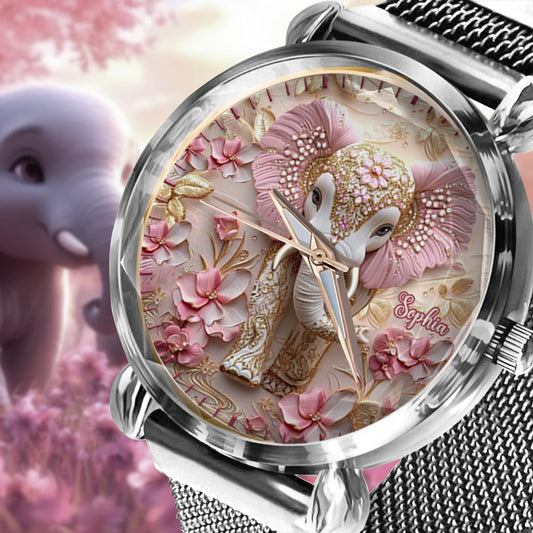 Pink leuchtender Elefant – Personalisierte Elefanten-Damenhanduhr