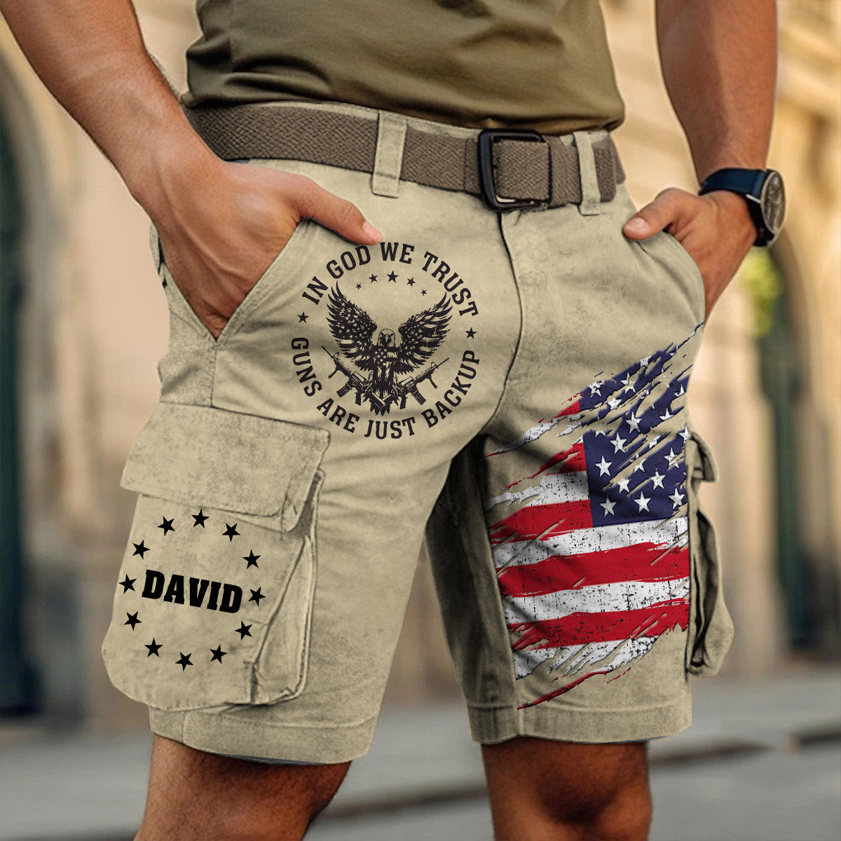 In God We Trust - Personalized Bald Eagle Cargo Shorts With Belt