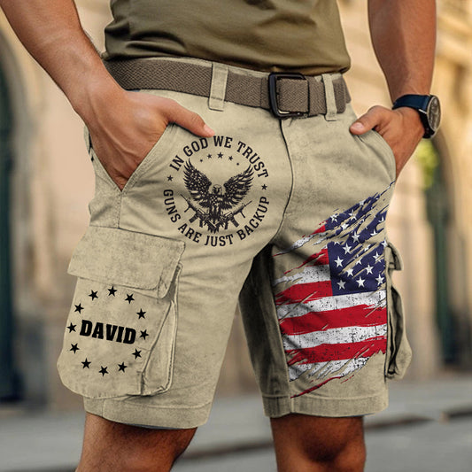 In God We Trust – Personalisierte Cargoshorts mit Weißkopfseeadler und Gürtel