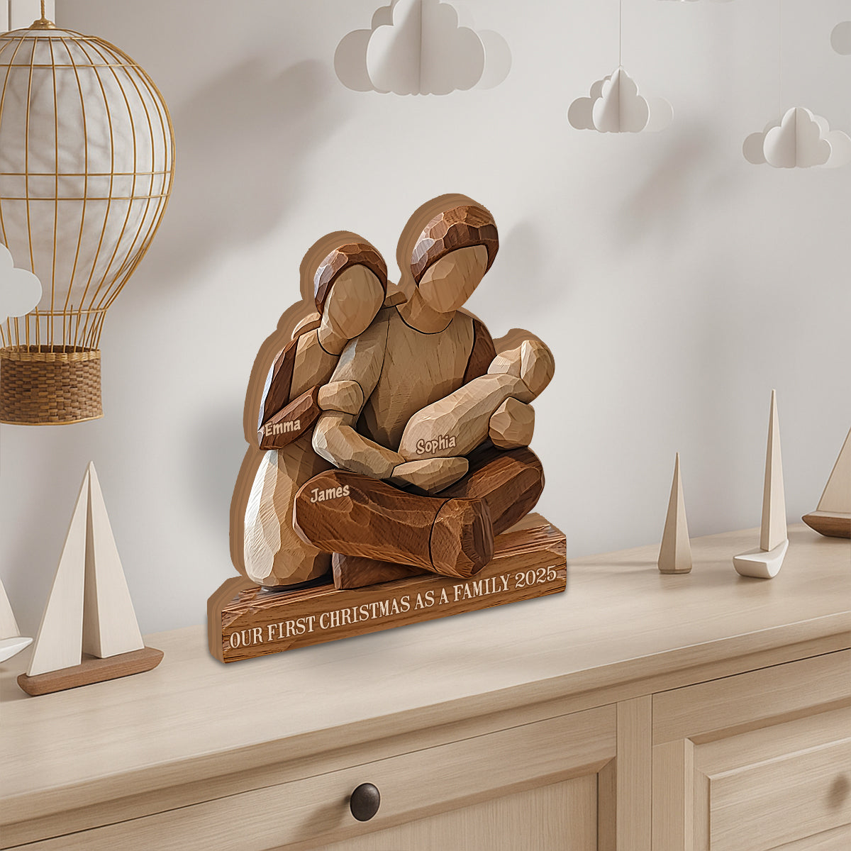 Unser erstes Weihnachtsfest als Familie – Personalisierte, individuell geformte Holzplakette für die Familie