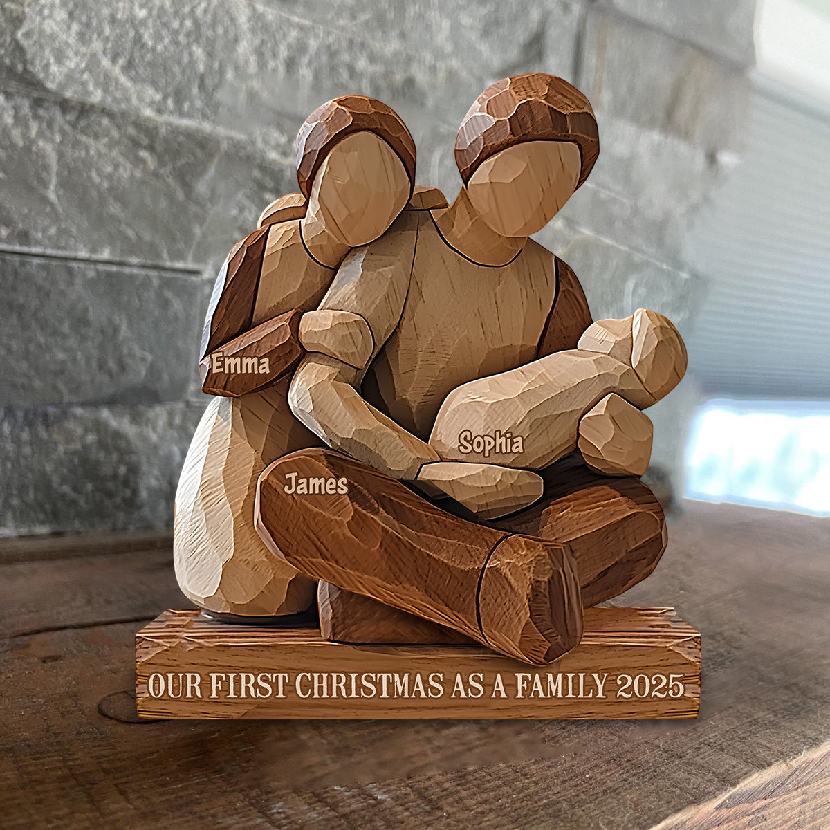 Unser erstes Weihnachtsfest als Familie – Personalisierte, individuell geformte Holzplakette für die Familie