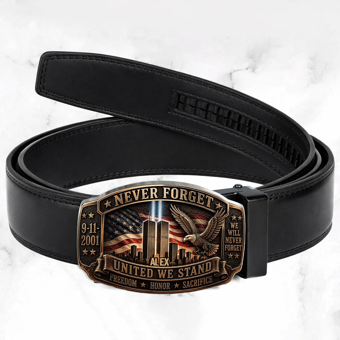 Never Forget - Personalized Patriot Leather Belt With Shaped Buckle