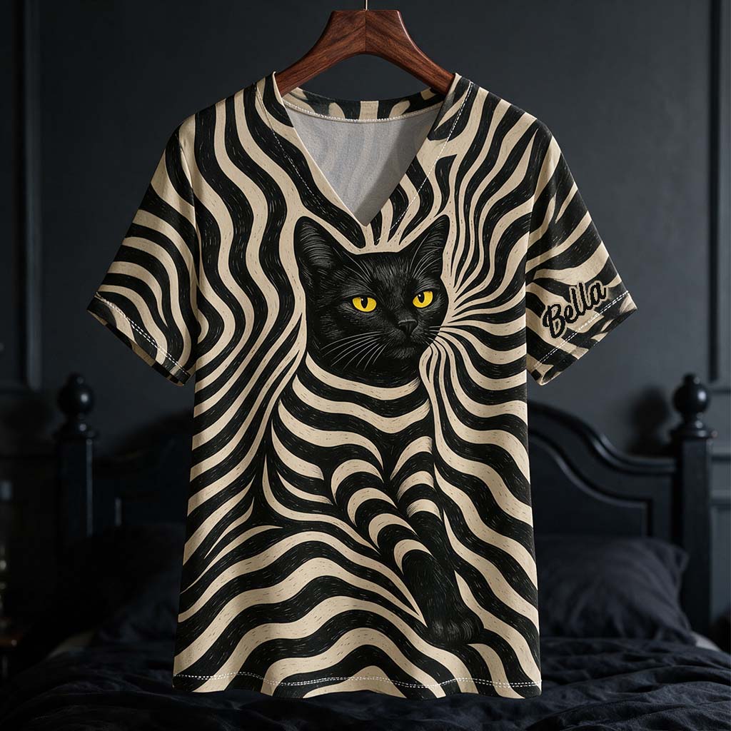 Cooler psychedelischer Stil Künstliche schwarze Katze - Personalisierbares V-Ausschnitt T-Shirt