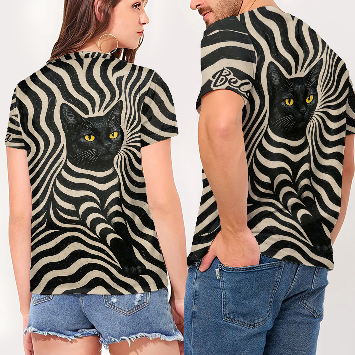 Cooler psychedelischer Stil Künstliche schwarze Katze - Personalisierbares V-Ausschnitt T-Shirt