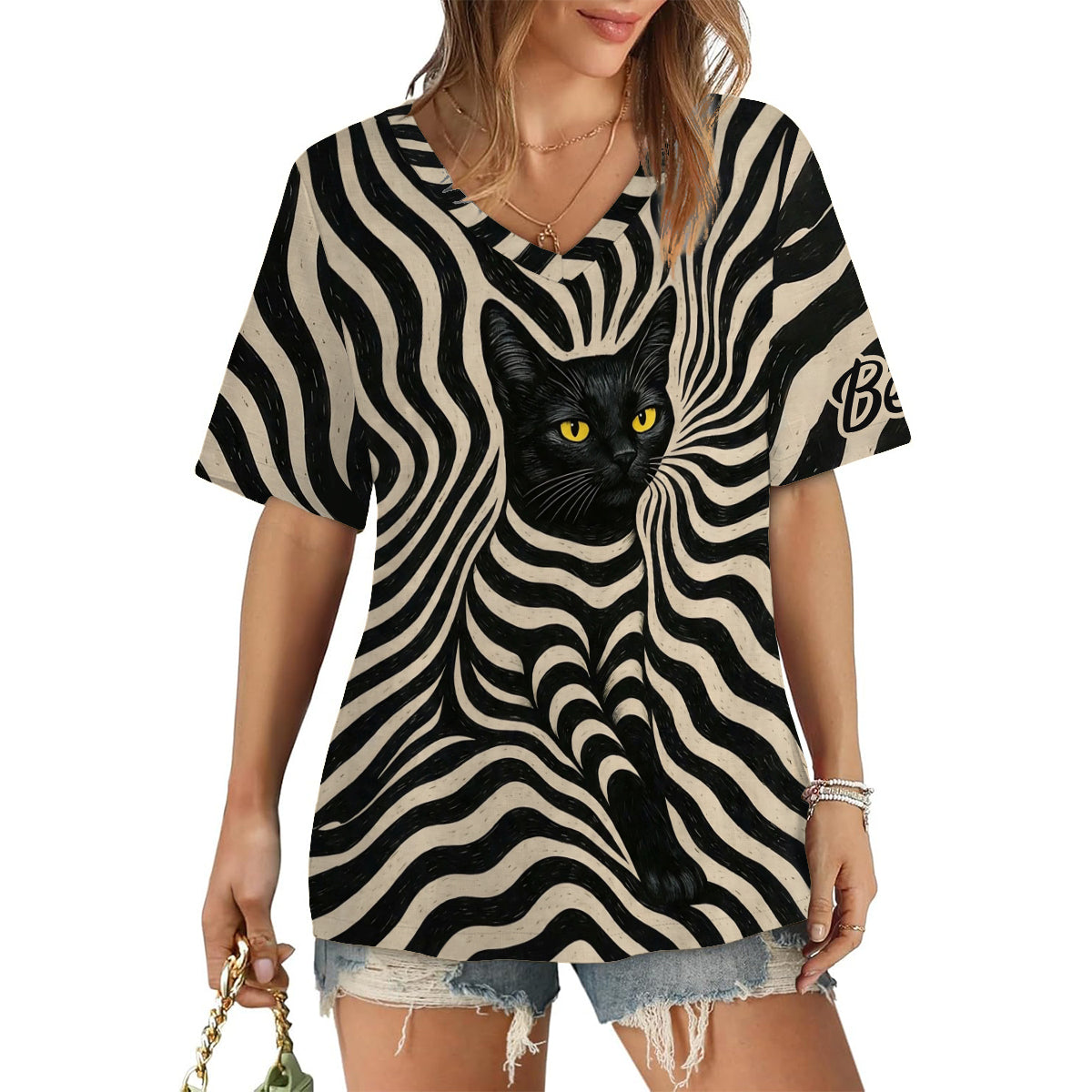 Cooler psychedelischer Stil Künstliche schwarze Katze - Personalisierbares V-Ausschnitt T-Shirt