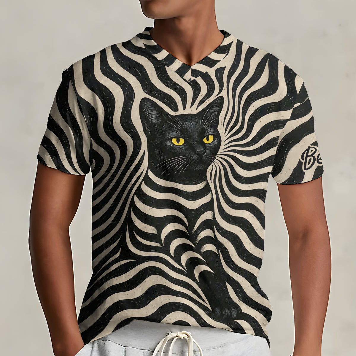 Cooler psychedelischer Stil Künstliche schwarze Katze - Personalisierbares V-Ausschnitt T-Shirt
