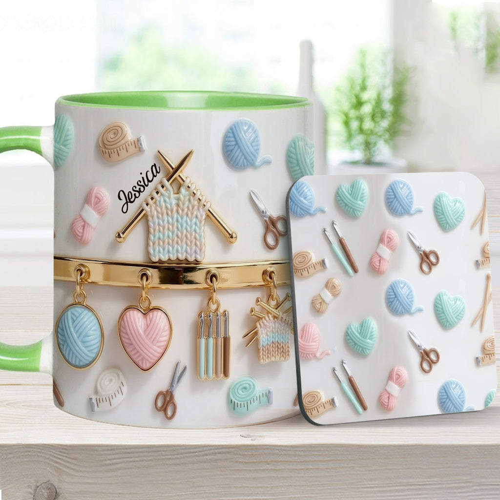 Ich liebe Häkeln/Stricken – personalisierte Tasse und Untersetzer mit Häkelmotiv