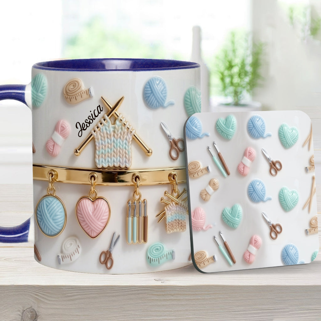 Ich liebe Häkeln/Stricken – personalisierte Tasse und Untersetzer mit Häkelmotiv