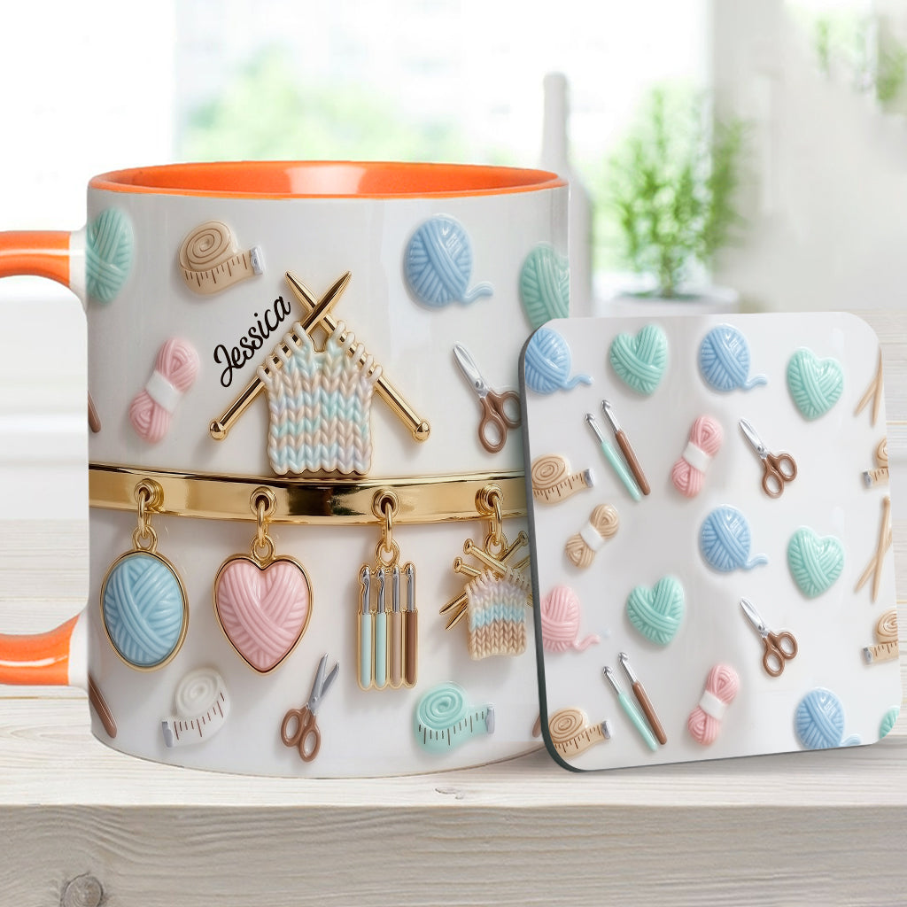 Ich liebe Häkeln/Stricken – personalisierte Tasse und Untersetzer mit Häkelmotiv