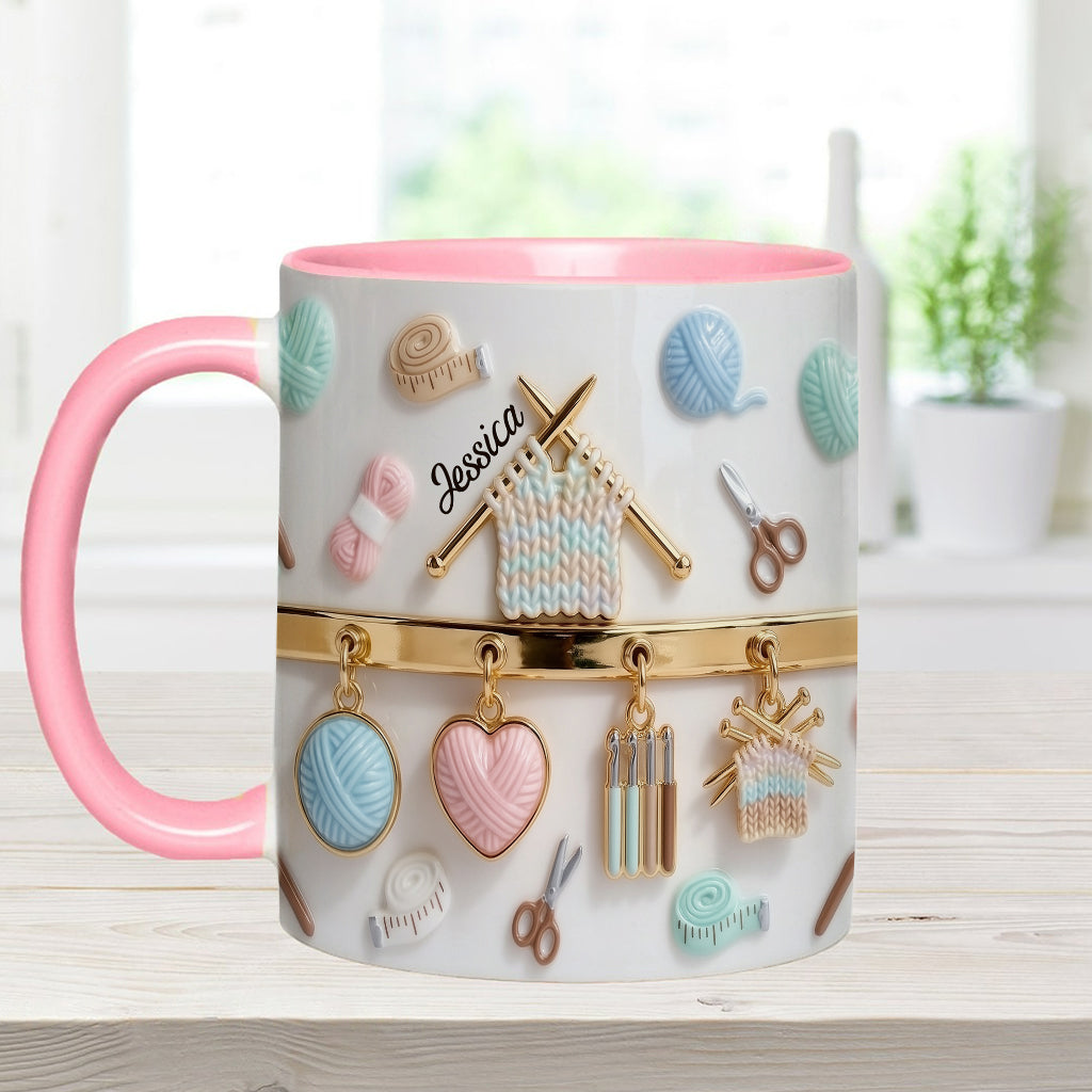 Ich liebe Häkeln/Stricken – personalisierte Tasse und Untersetzer mit Häkelmotiv