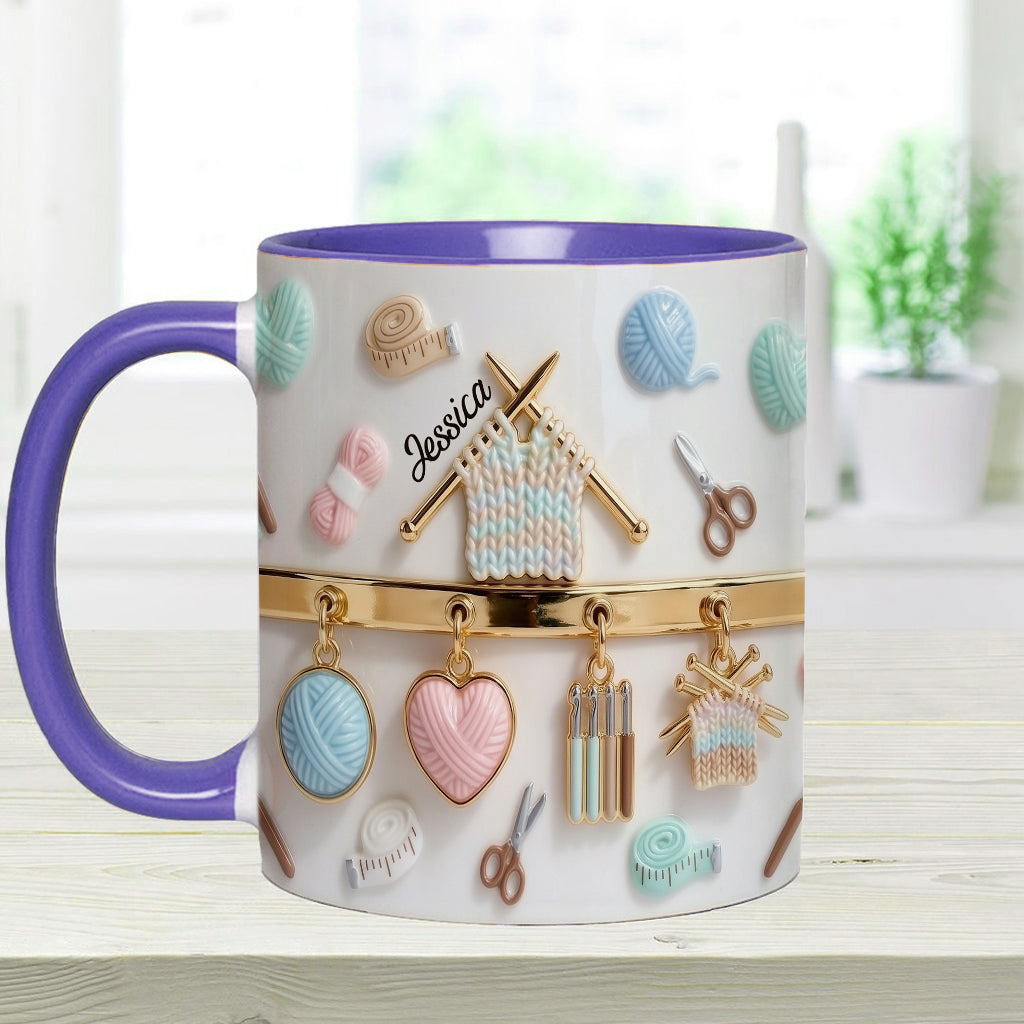 Ich liebe Häkeln/Stricken – personalisierte Tasse und Untersetzer mit Häkelmotiv