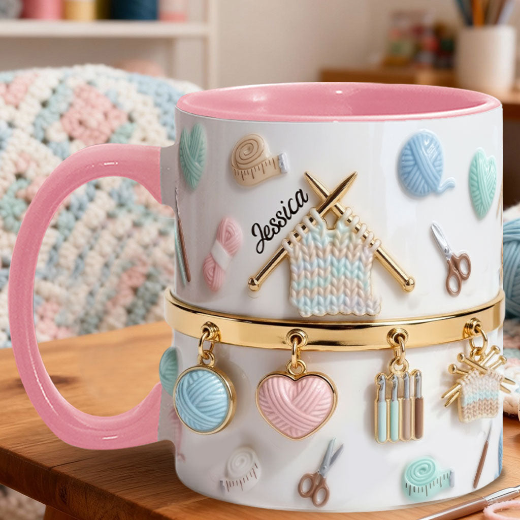 Ich liebe Häkeln/Stricken – personalisierte Tasse und Untersetzer mit Häkelmotiv