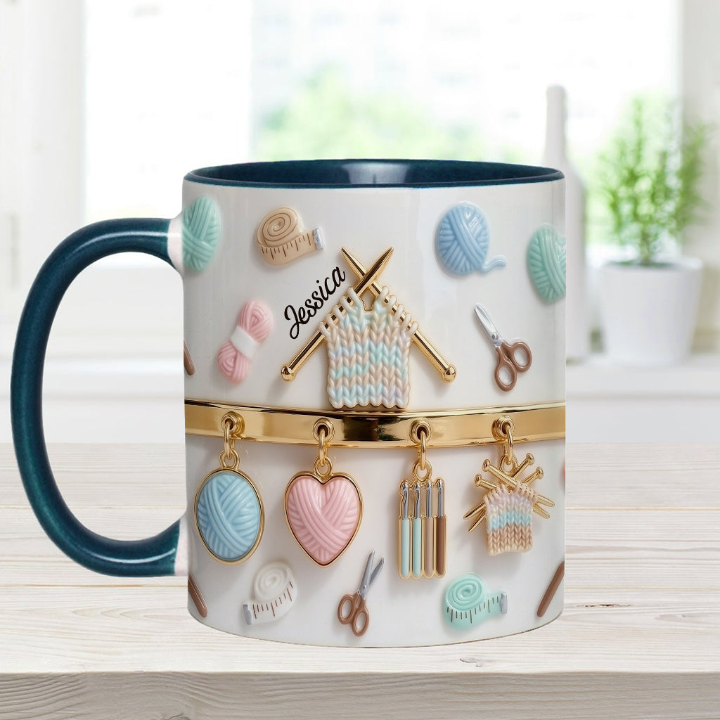 Ich liebe Häkeln/Stricken – personalisierte Tasse und Untersetzer mit Häkelmotiv