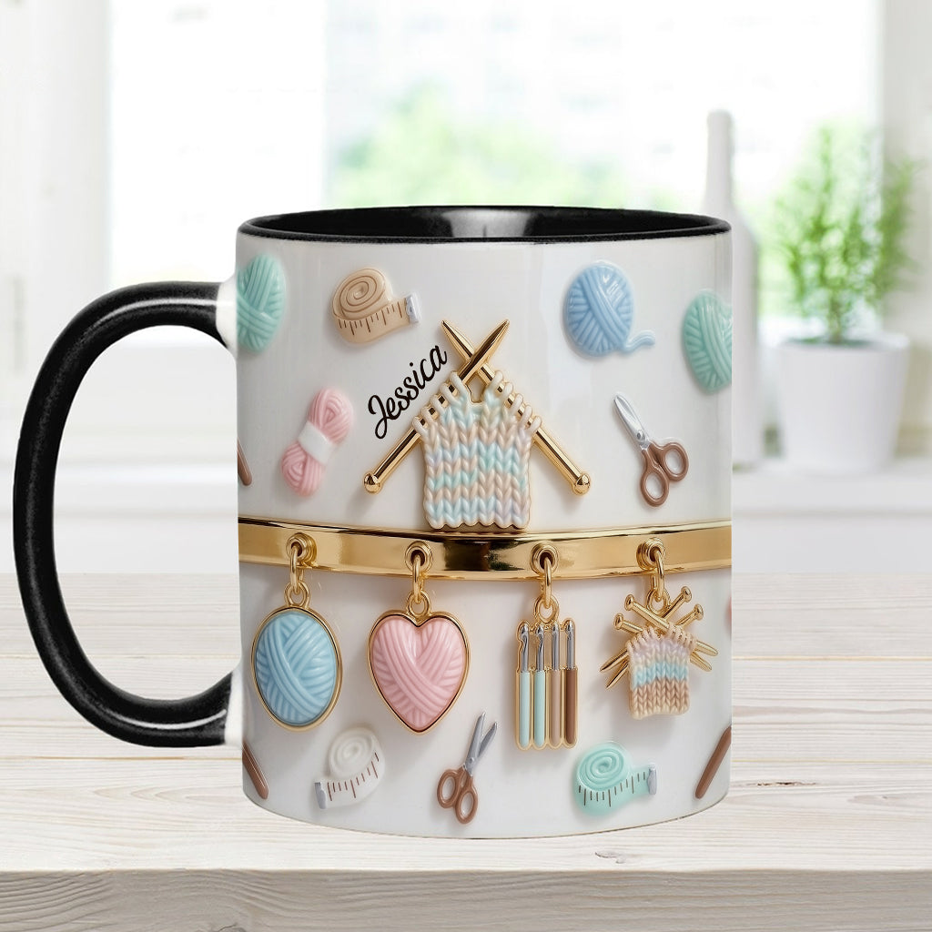 Ich liebe Häkeln/Stricken – personalisierte Tasse und Untersetzer mit Häkelmotiv