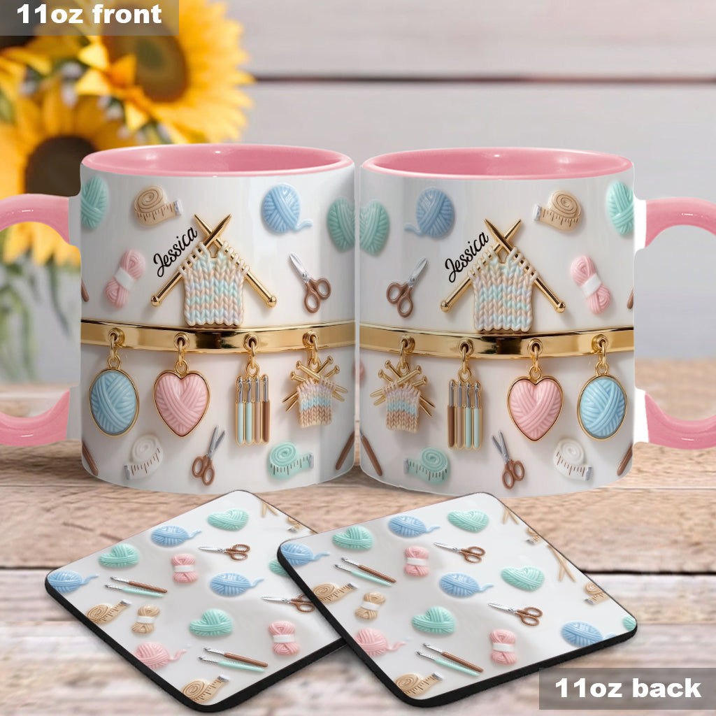 Ich liebe Häkeln/Stricken – personalisierte Tasse und Untersetzer mit Häkelmotiv