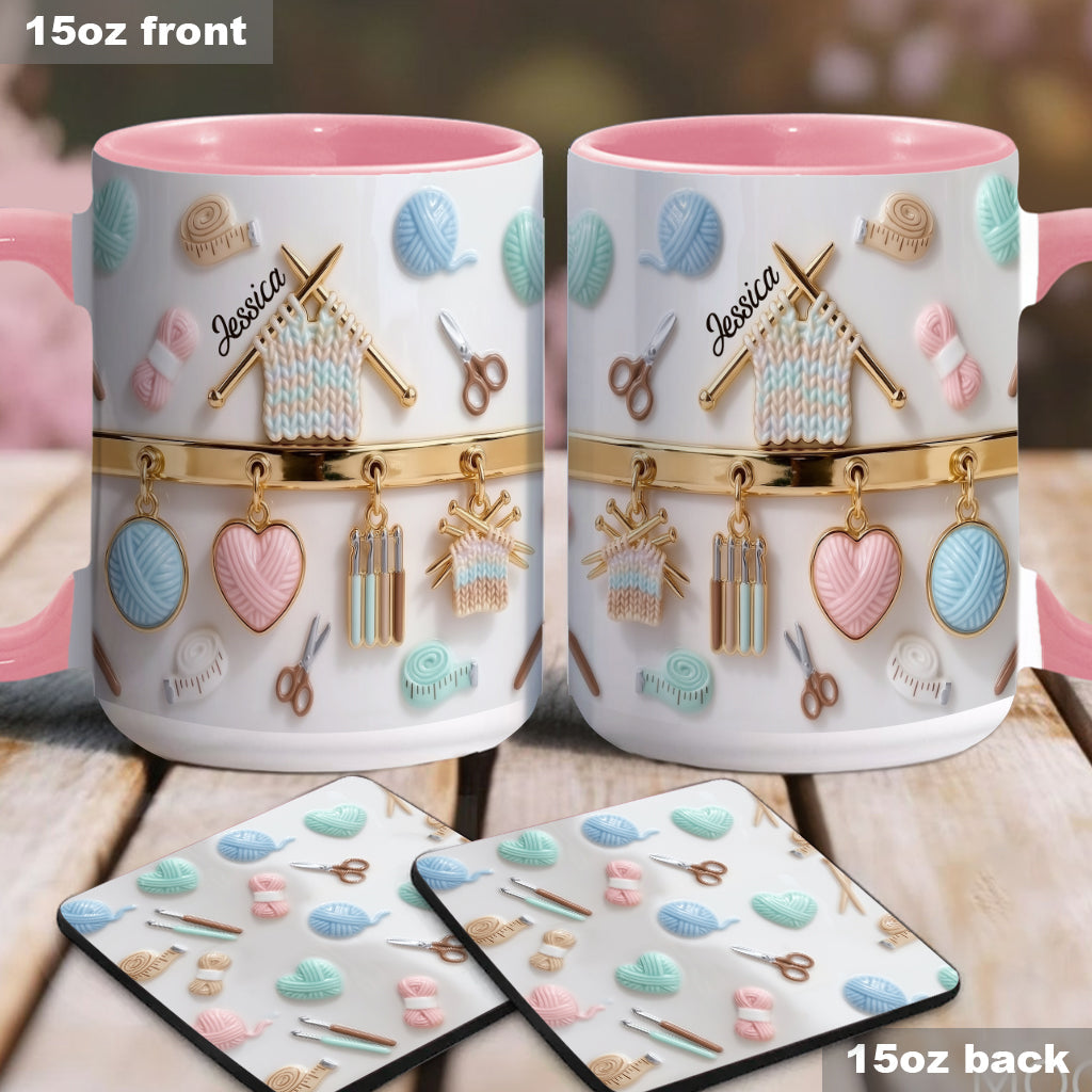 Ich liebe Häkeln/Stricken – personalisierte Tasse und Untersetzer mit Häkelmotiv