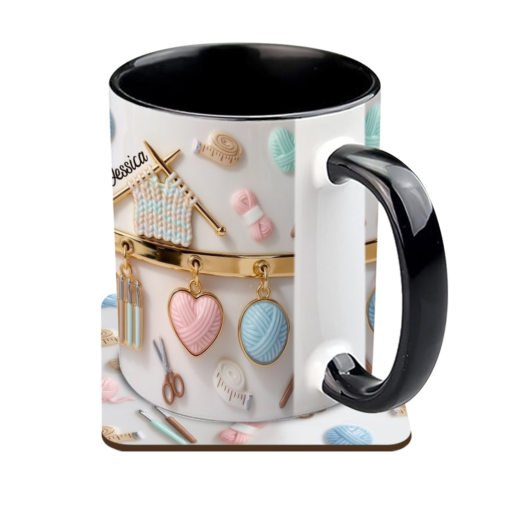Ich liebe Häkeln/Stricken – personalisierte Tasse und Untersetzer mit Häkelmotiv