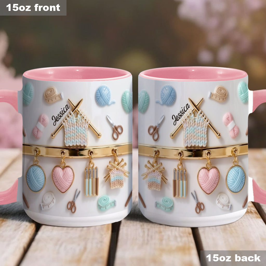 Ich liebe Häkeln/Stricken – personalisierte Tasse und Untersetzer mit Häkelmotiv