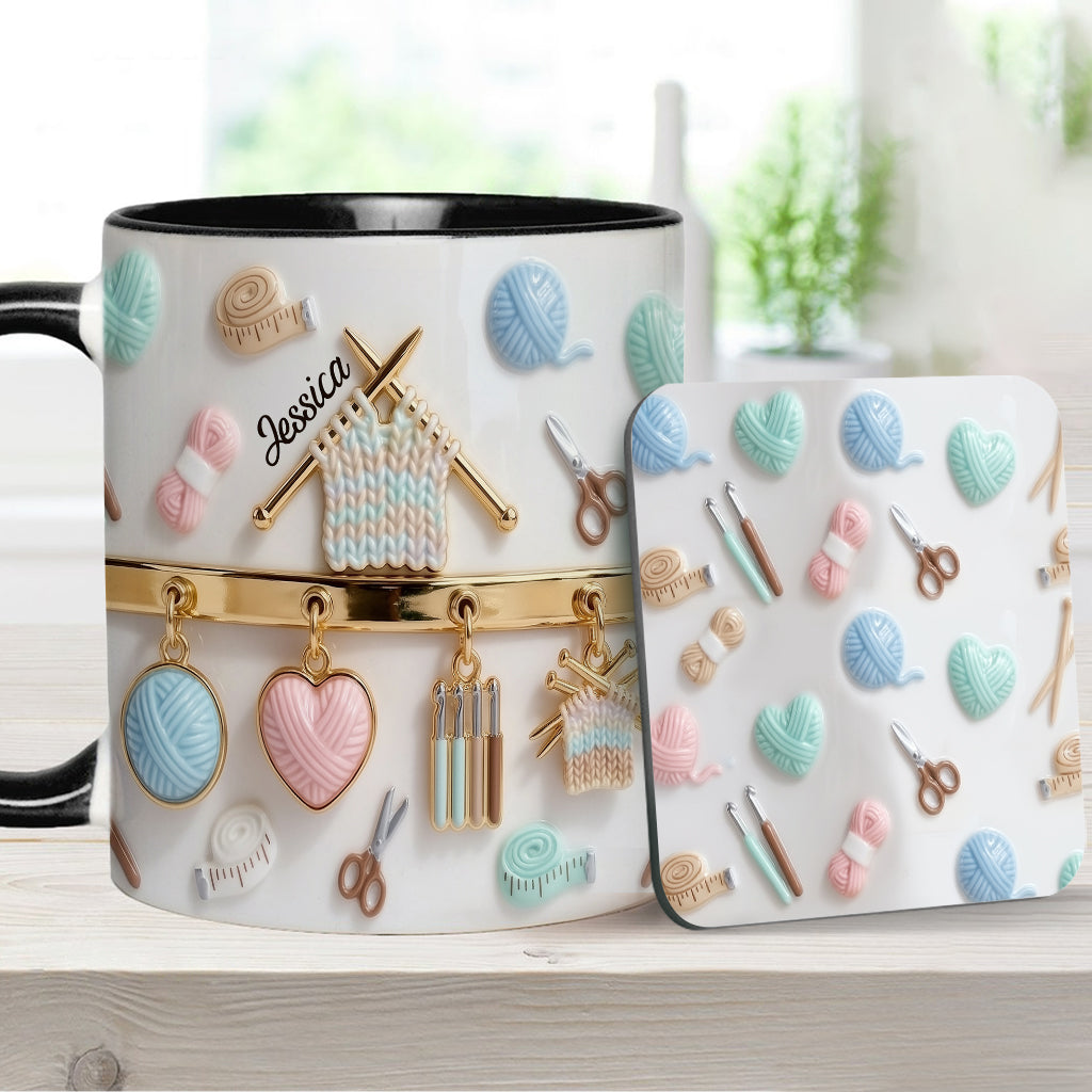 Ich liebe Häkeln/Stricken – personalisierte Tasse und Untersetzer mit Häkelmotiv