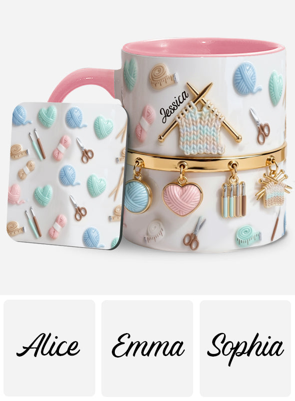 Ich liebe Häkeln/Stricken – personalisierte Tasse und Untersetzer mit Häkelmotiv