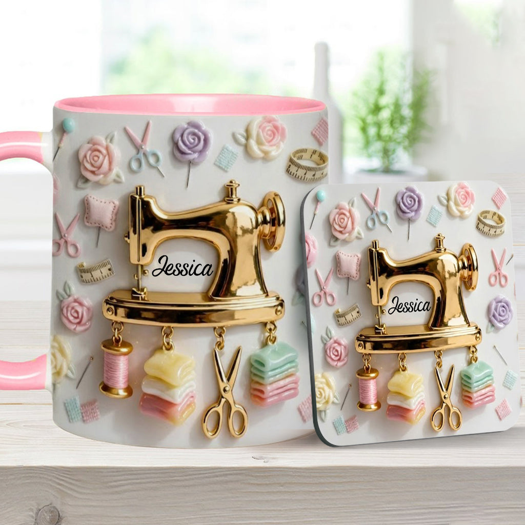 Das perfekte Geschenk für Nähbegeisterte – personalisierte Tasse und Untersetzer mit Nähmotiv