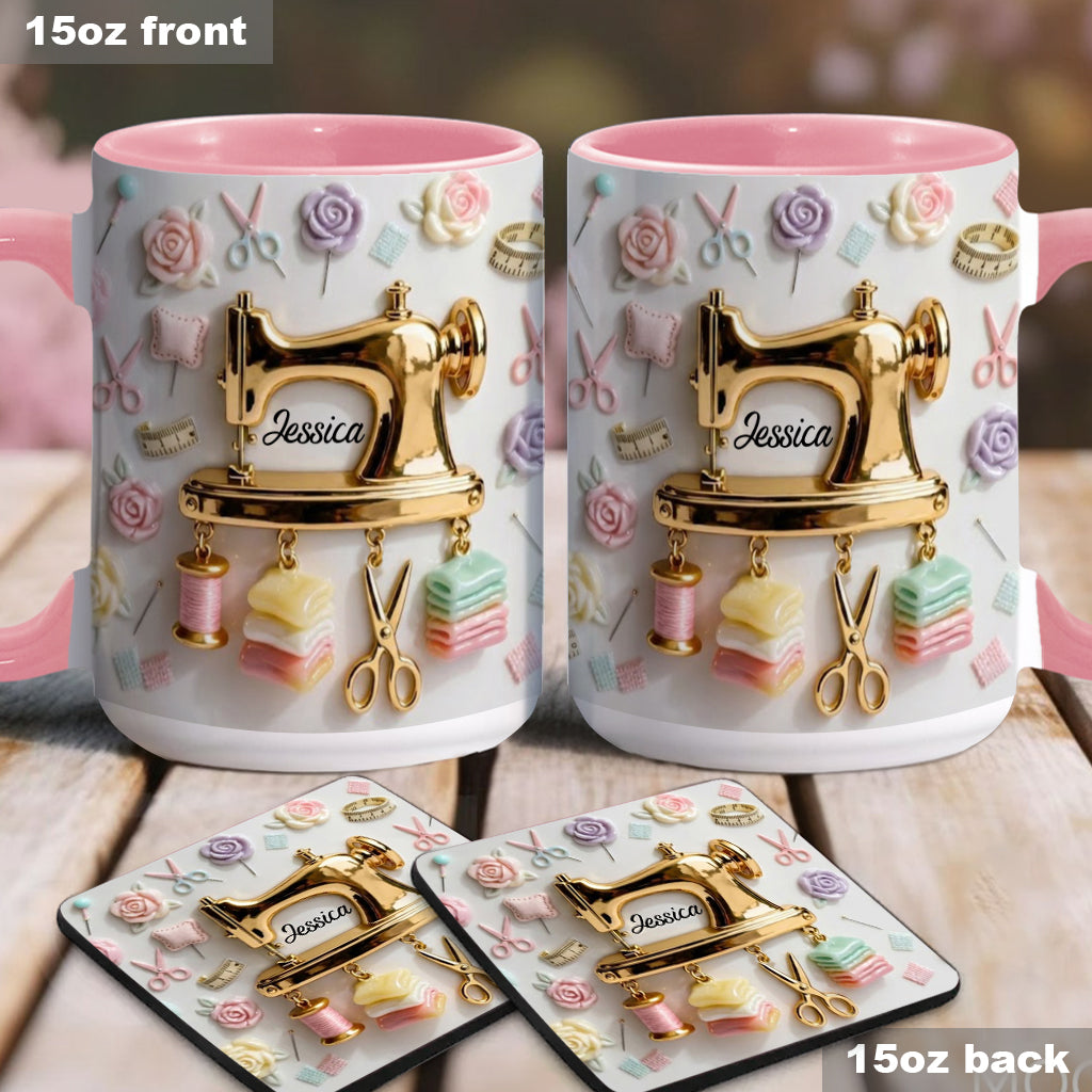 Das perfekte Geschenk für Nähbegeisterte – personalisierte Tasse und Untersetzer mit Nähmotiv