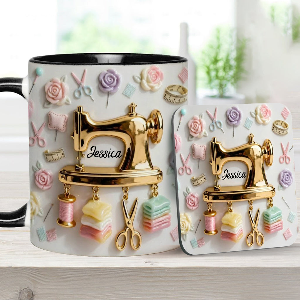 Das perfekte Geschenk für Nähbegeisterte – personalisierte Tasse und Untersetzer mit Nähmotiv