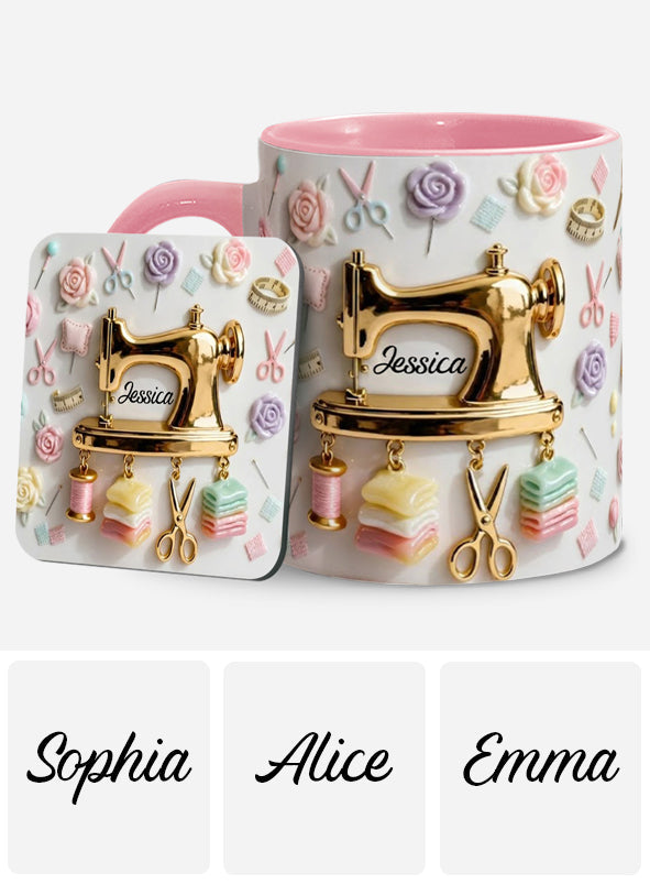Das perfekte Geschenk für Nähbegeisterte – personalisierte Tasse und Untersetzer mit Nähmotiv