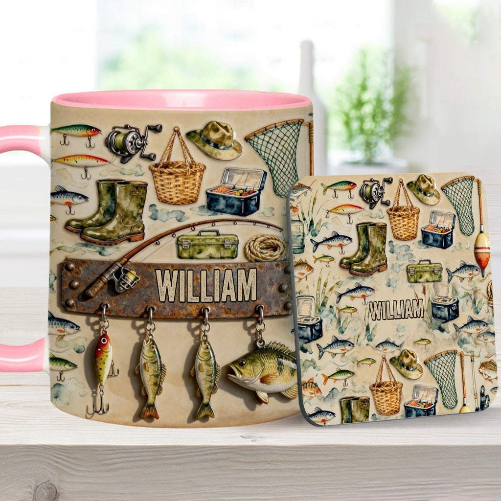 Das perfekte Geschenk für Angelfreunde – personalisierte Tasse und Untersetzer mit Angelmotiv