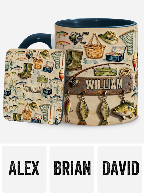 Das perfekte Geschenk für Angelfreunde – personalisierte Tasse und Untersetzer mit Angelmotiv