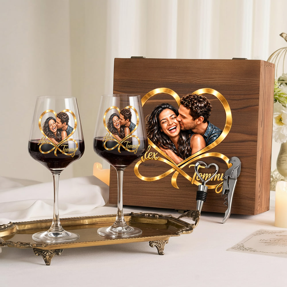 You & Me Forever - Personalized Couple Wine Glasses Set With Wooden Box