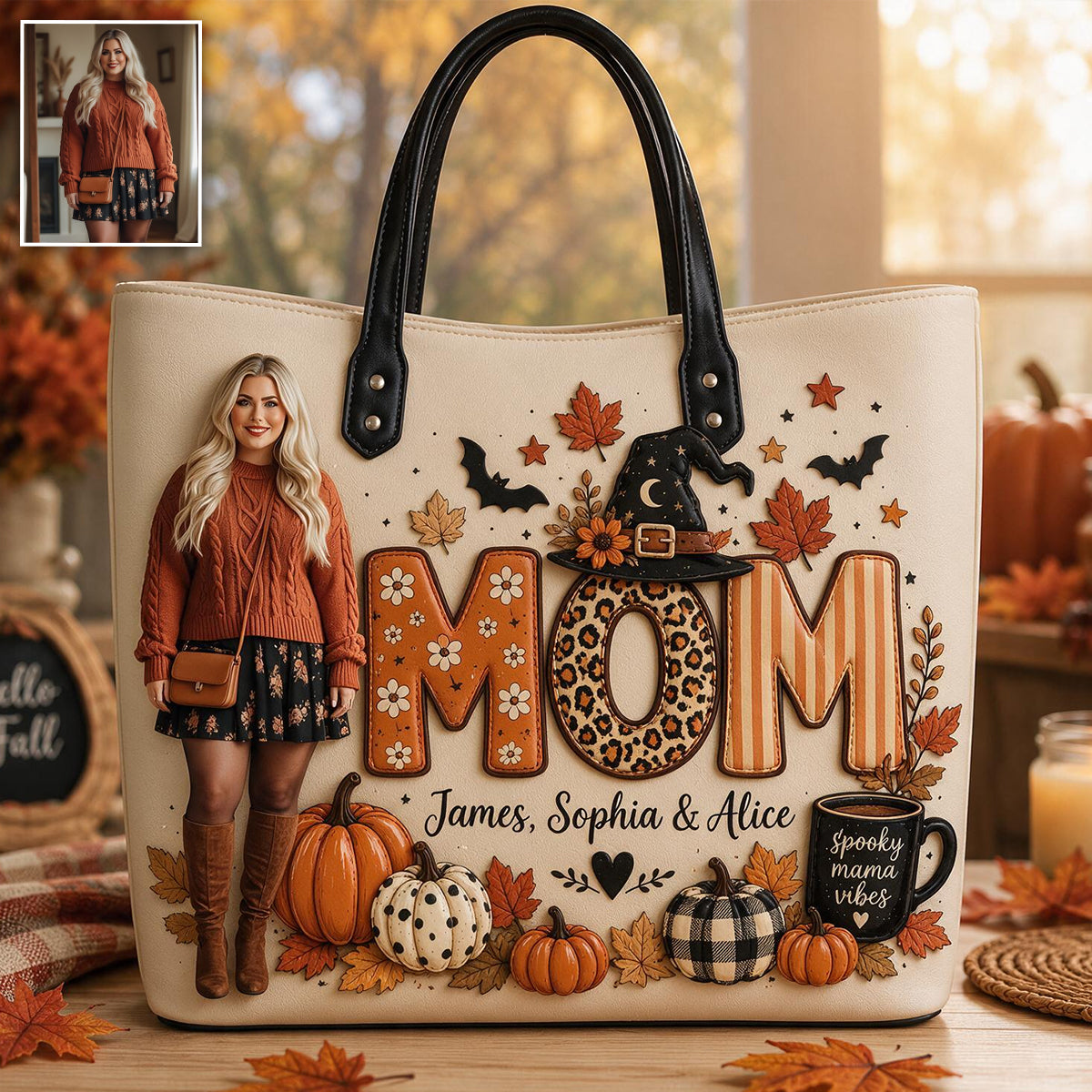 Spooky Mama, Grandma Fall Vibes - Personalized Mother Leather Bag