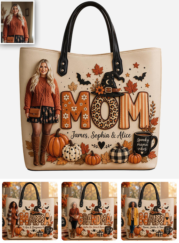 Spooky Mama, Grandma Fall Vibes - Personalized Mother Leather Bag
