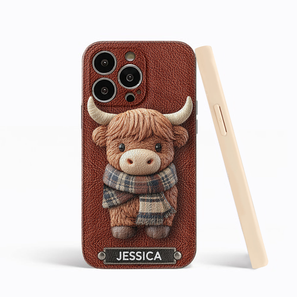 Adorable Highland Cow - Personalized Highland Cow Leather Phone Case