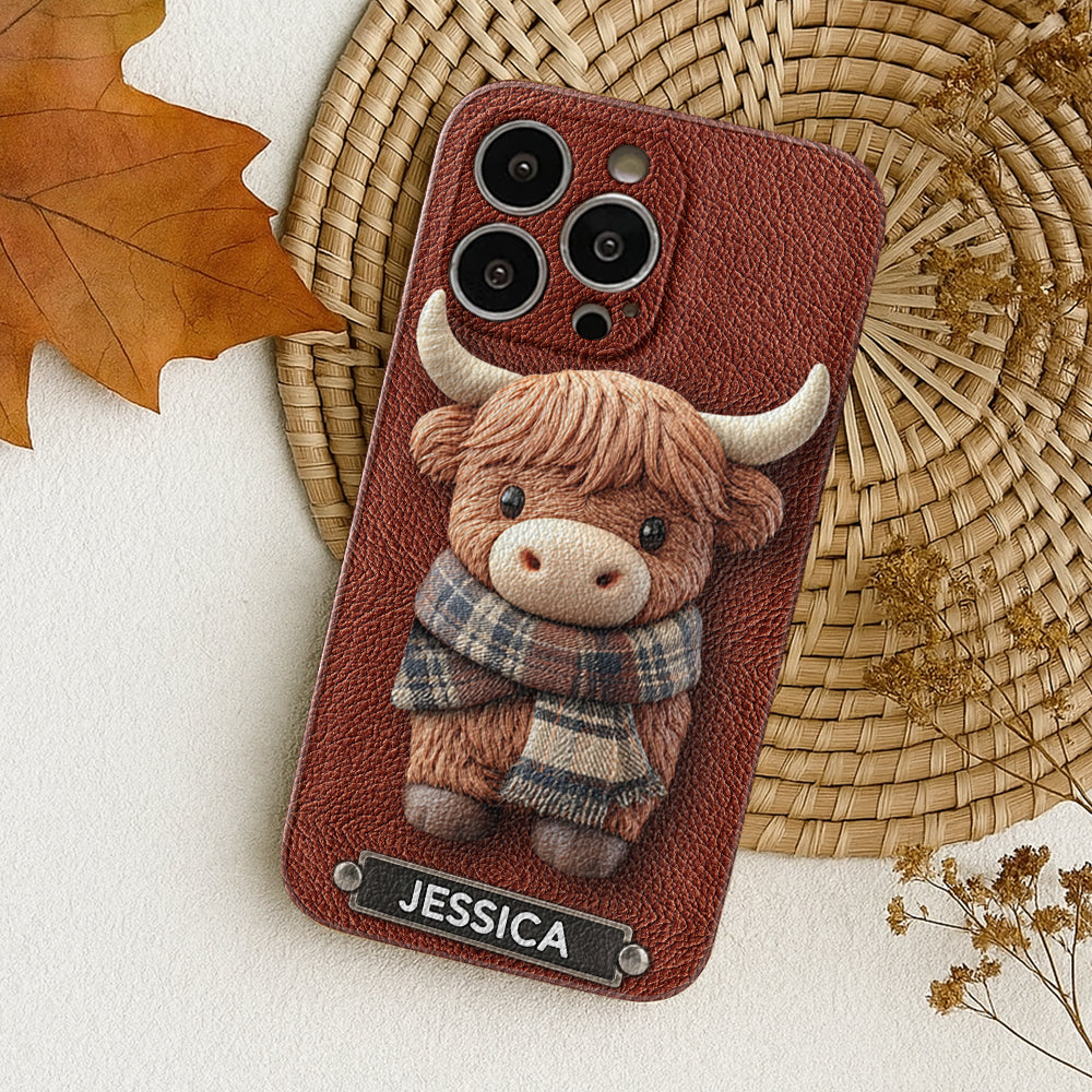 Adorable Highland Cow - Personalized Highland Cow Leather Phone Case