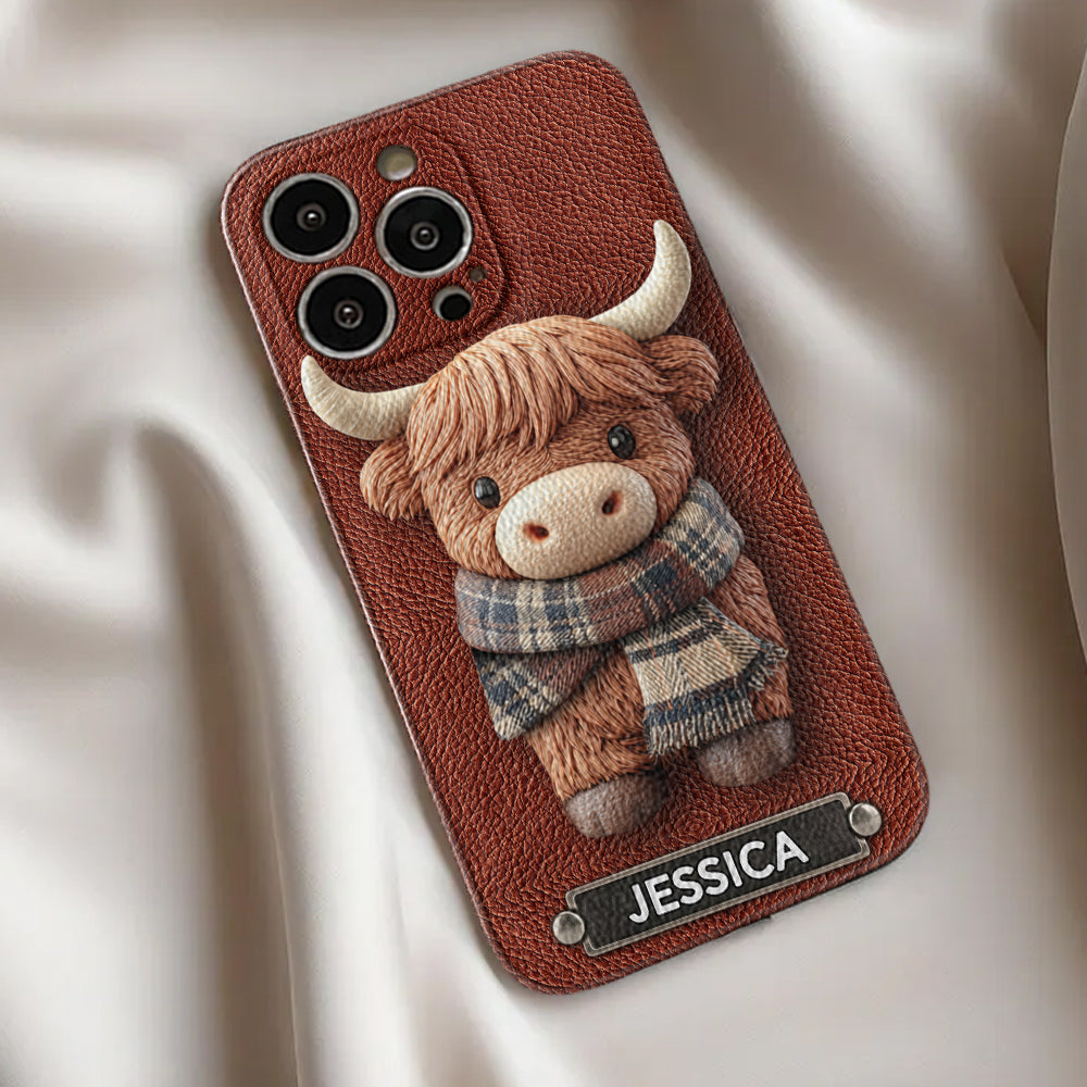 Adorable Highland Cow - Personalized Highland Cow Leather Phone Case