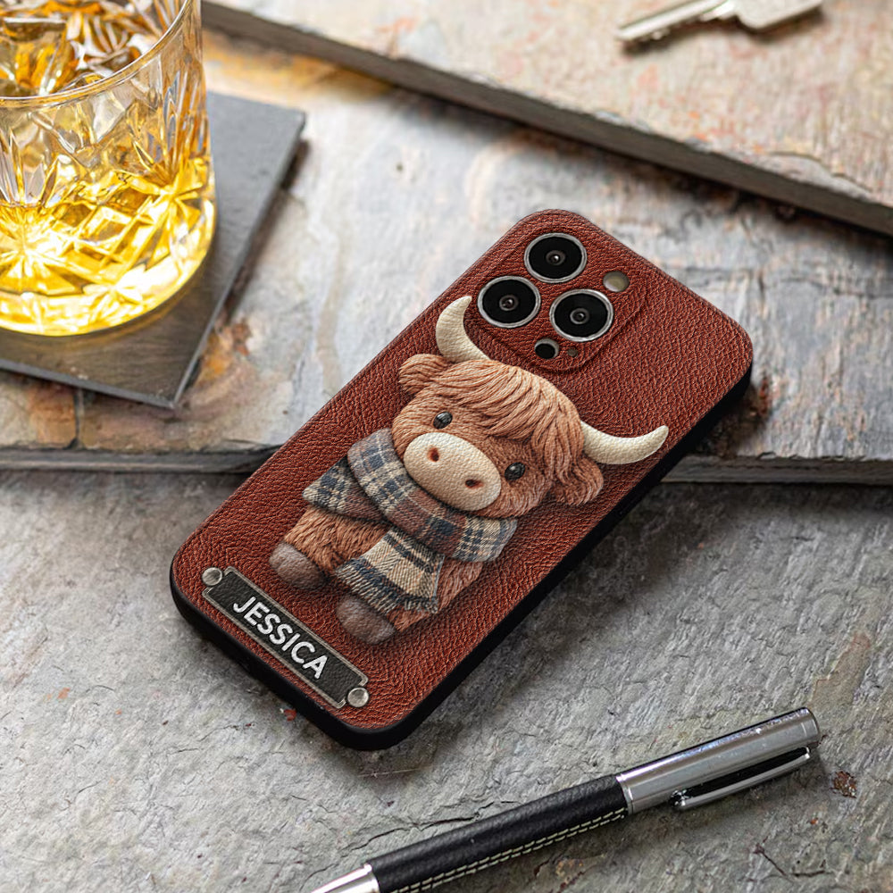 Adorable Highland Cow - Personalized Highland Cow Leather Phone Case
