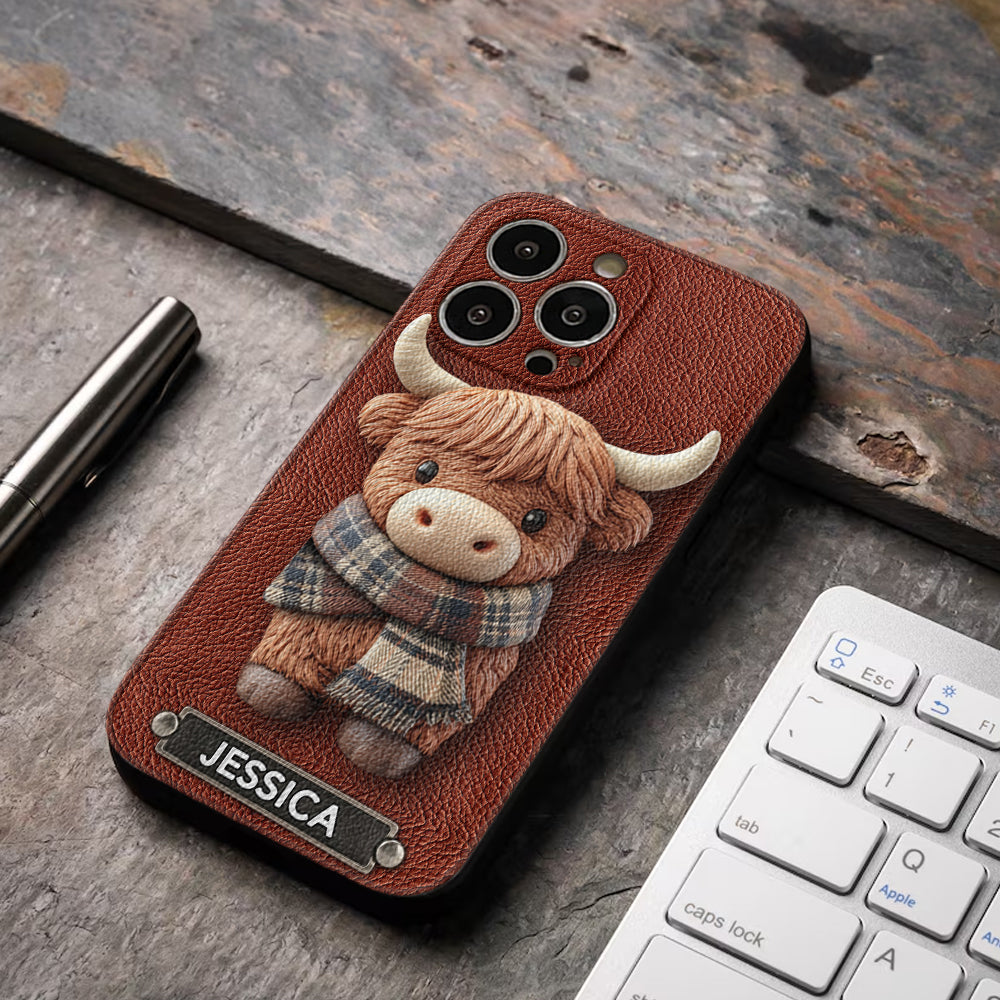 Adorable Highland Cow - Personalized Highland Cow Leather Phone Case
