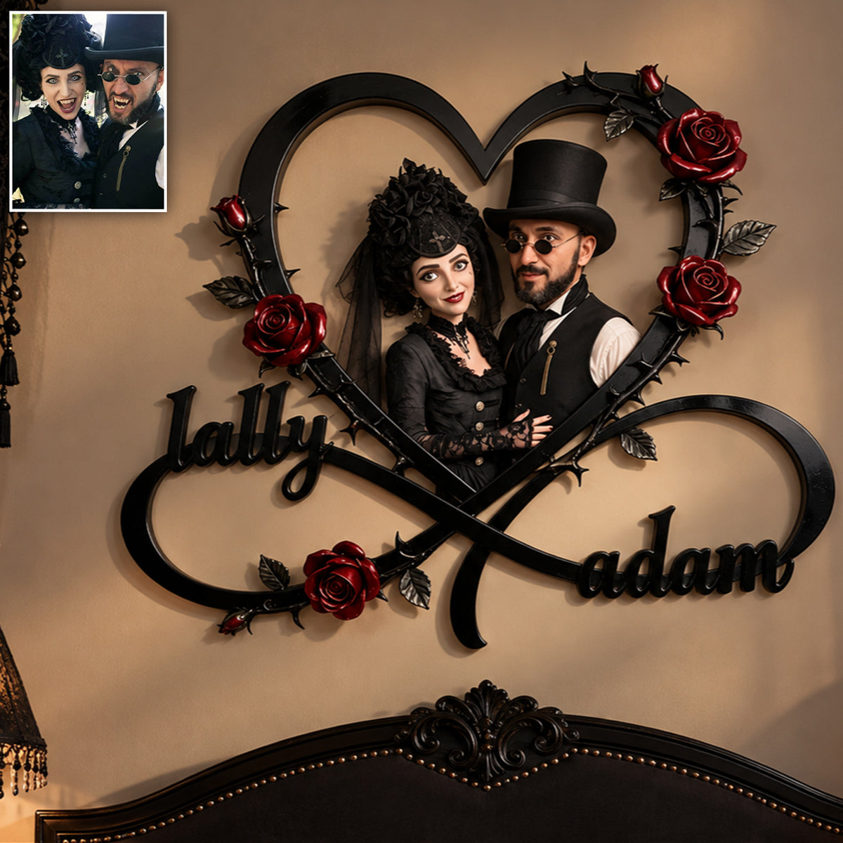 Gothic Theme Rose & Thrones Wall Art For Couple, King of the Perky Goths Style Wall Decor - Personalized Couple 3D Printed Cut Metal Sign