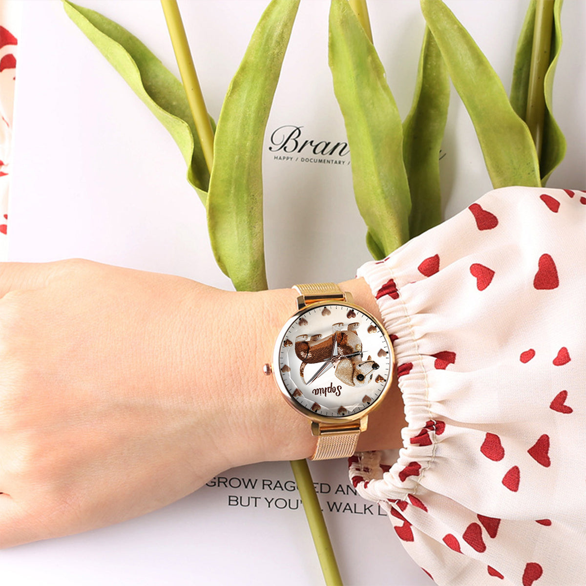 Personalisierte Damen-Handuhr mit Hundemotiv