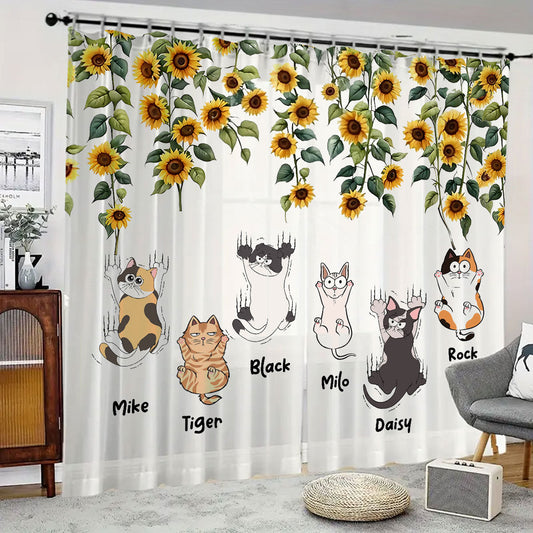 Niedliche Katzen und Sonnenblumen – Personalisierter Verdunkelungsvorhang/Gardinen-Set mit Katzenmotiv