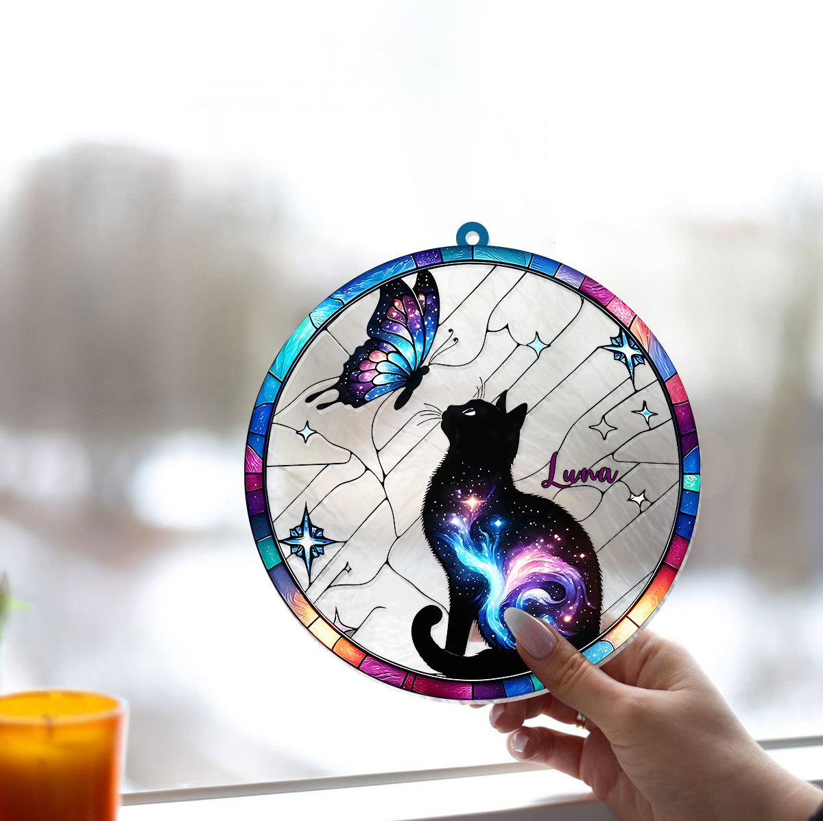 Cat And Butterfly - Personalized Cat Window Hanging Suncatcher Ornament