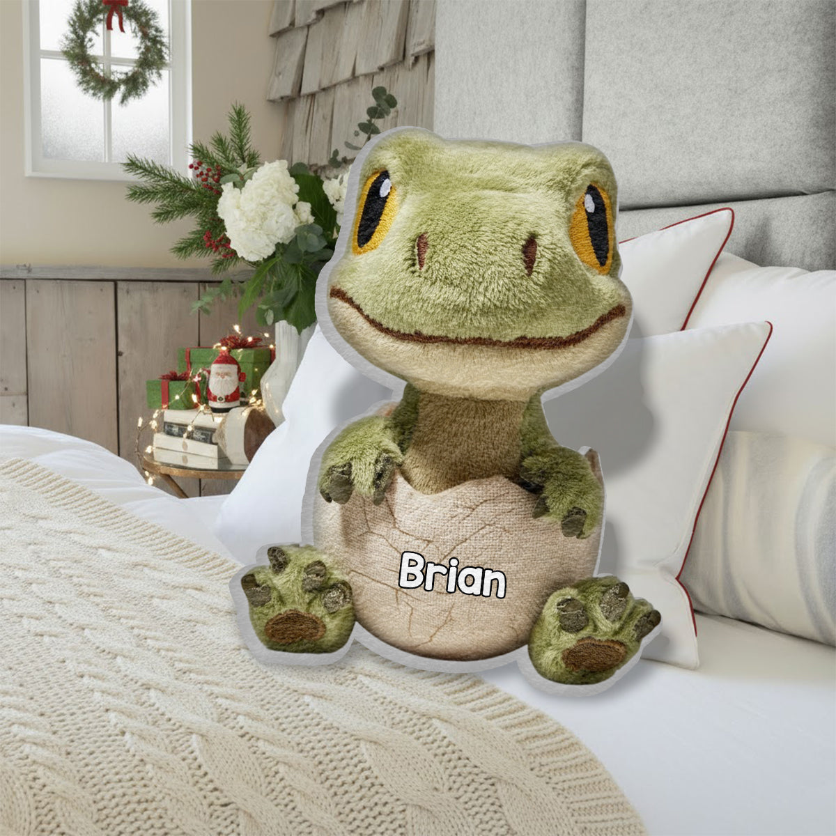 Liebe Dinosaurier - Personalisiertes Kinderkissen aus Kunstfell in Dinosaurierform